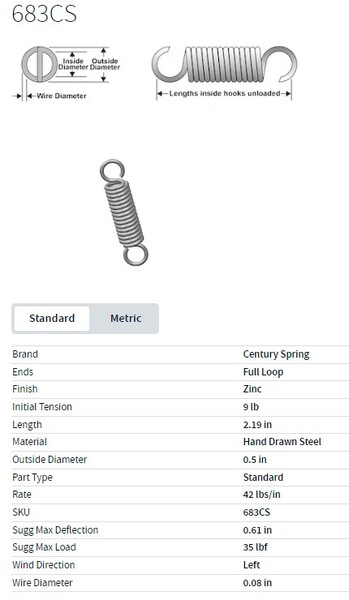 EFS683 EXTENSION SPRING 0.500" OD X 2.35" OAL X 0.080" WIRE OPEN LOOP